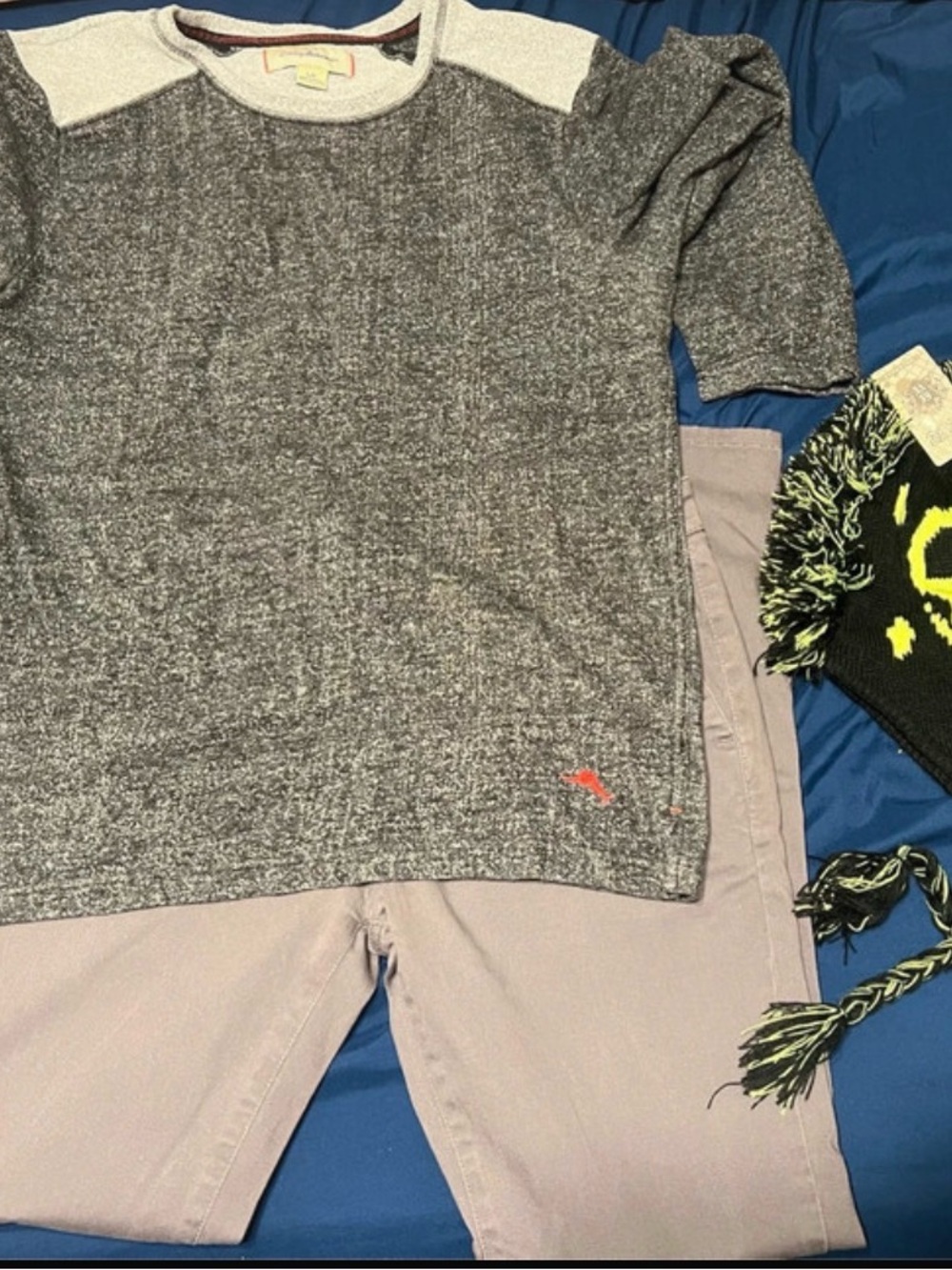 Chino RSQ pants, Tommy Bahama Sweater and skull beanie